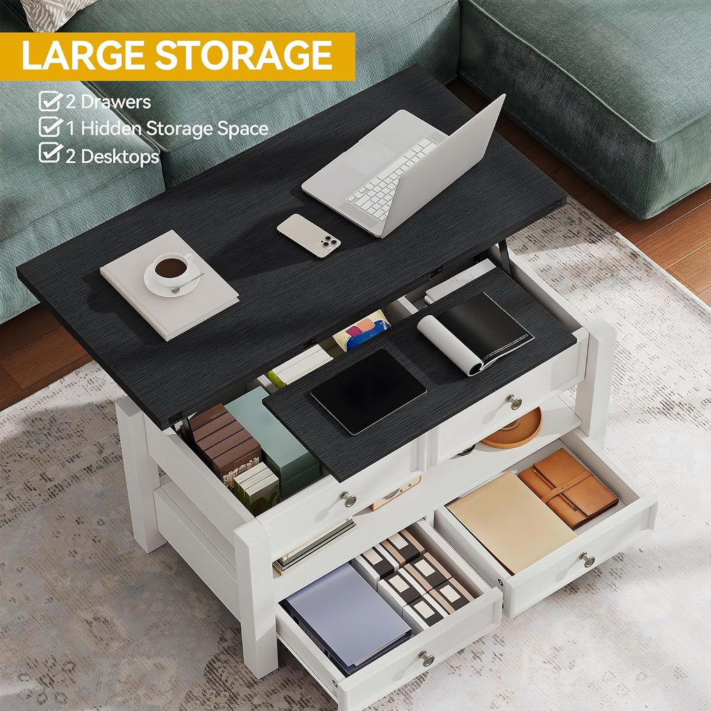 DWVO Lift Top Coffee Table, Multi-Functional Convertible Coffee Table with Drawers and Hidden Storage, Dining Table for Living Room, Home Office