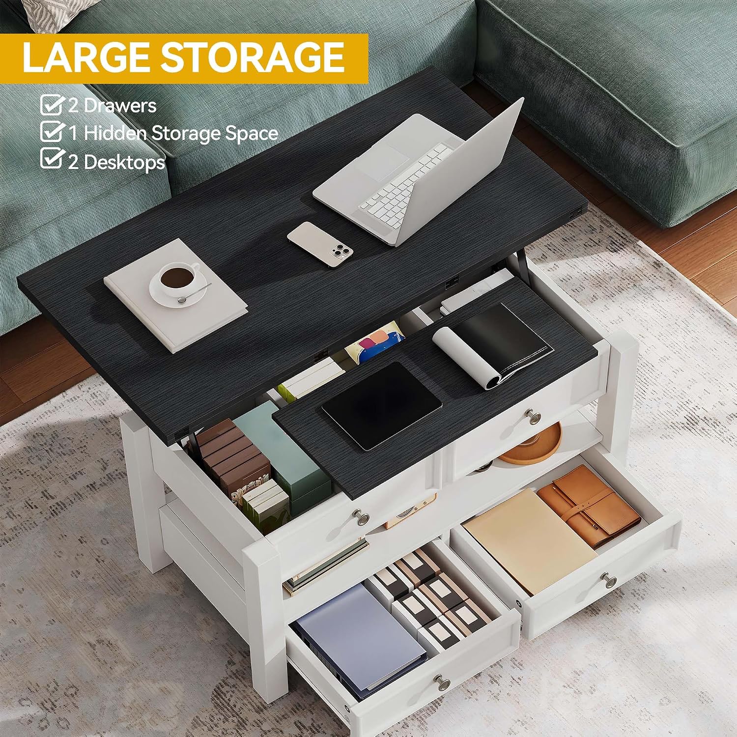 DWVO Lift Top Coffee Table, Multi-Functional Convertible Coffee Table with Drawers and Hidden Storage, Dining Table for Living Room, Home Office