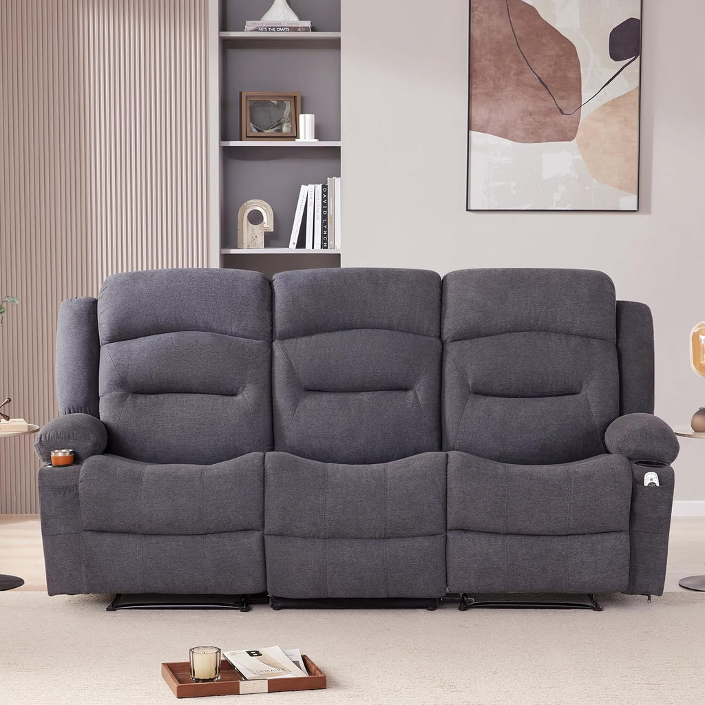 Weture Oversized Recliner Sofa with Heat and Massage, Wall-Hugger Reclining Sofa with Cup Holders and USB Port, Big Large 3-Seater RV Recliner Couch Sofa for Living Room (Fabric, Grey)