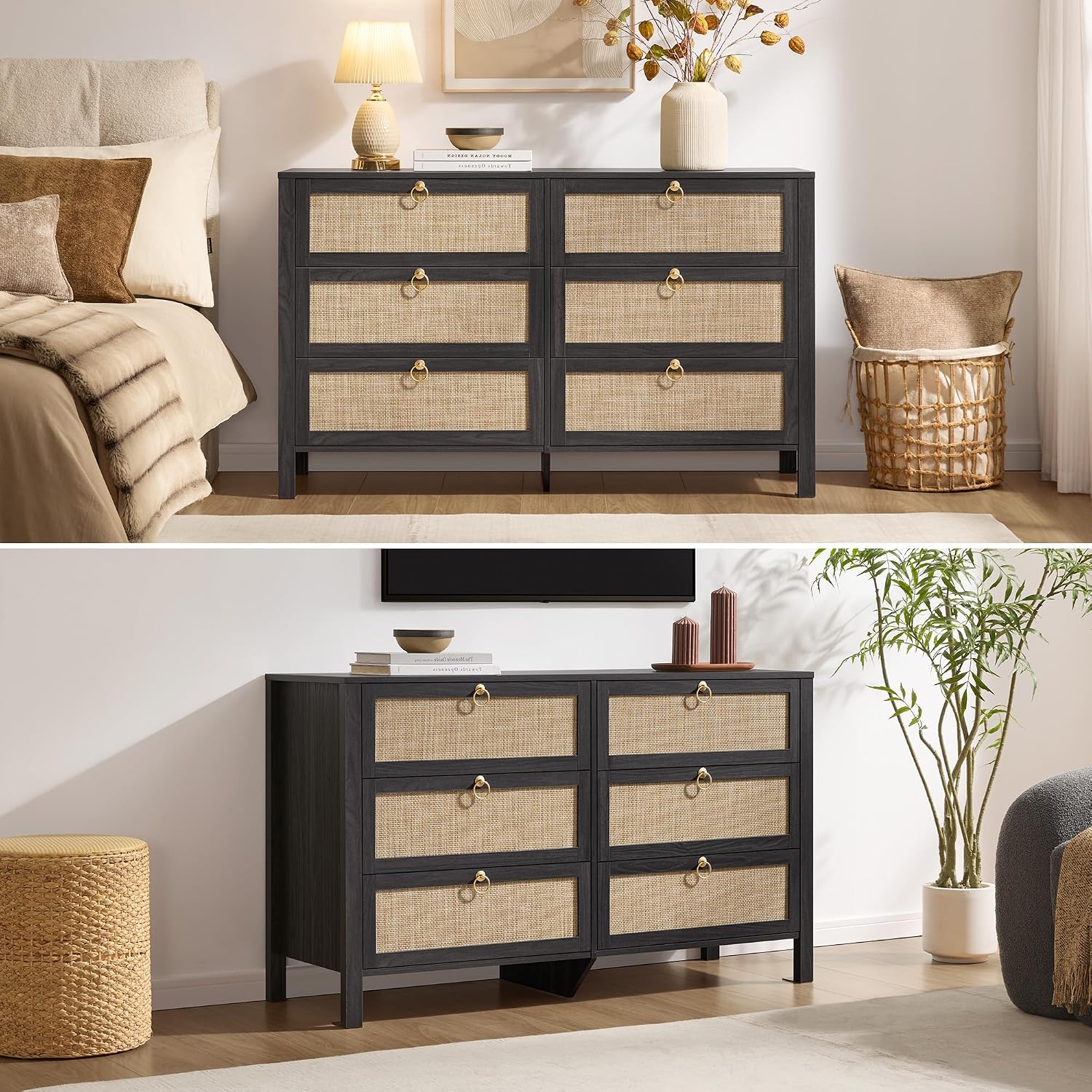 SICOTAS 6 Drawer Dresser for Bedroom - 51' Wide Rattan Dressers Chest of Drawers for Closet, Larger Storage Cabinet Farmhouse Boho Dresser TV Stand for Living Dining Room, Hallway, Black