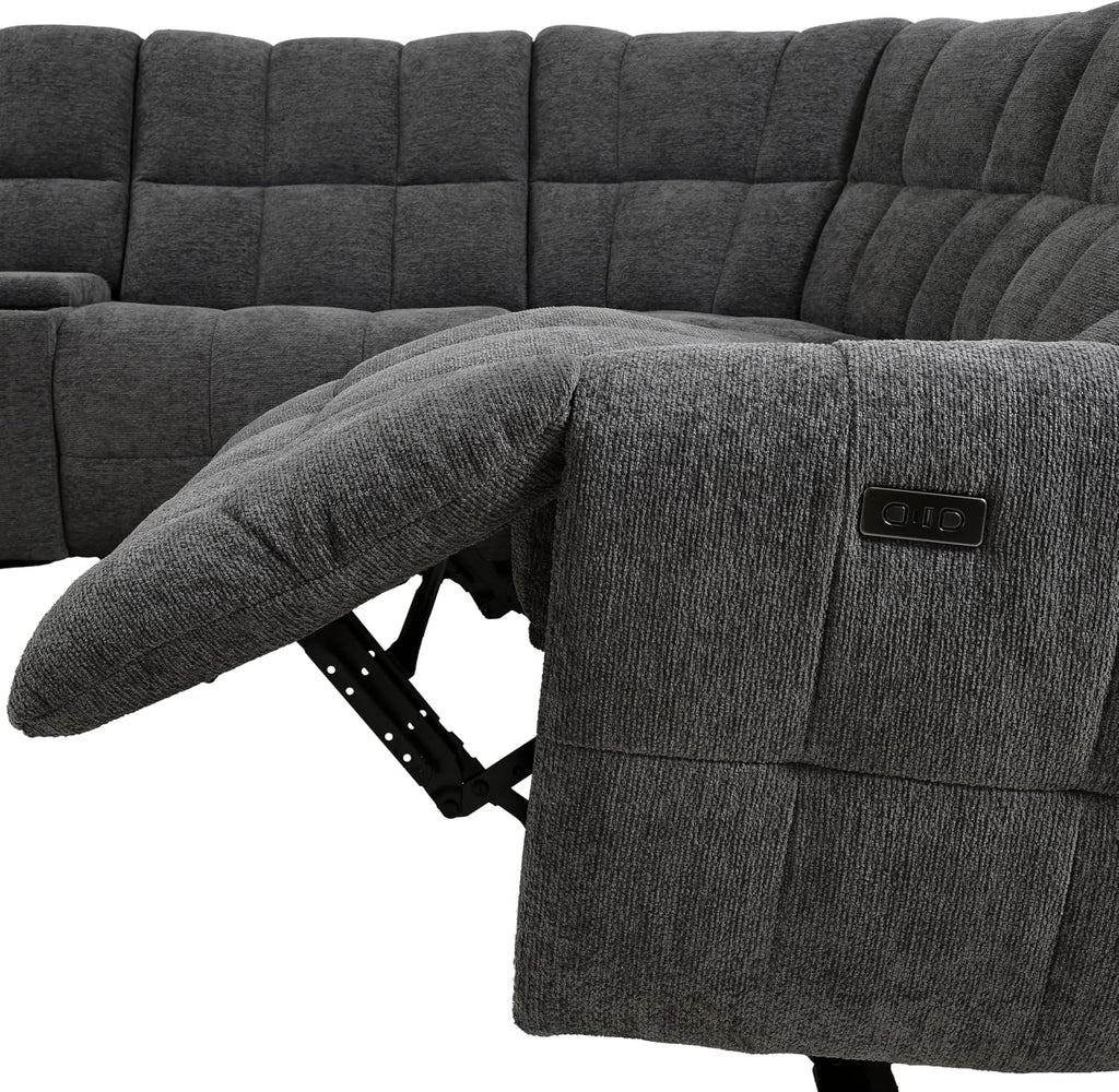 Furniture of America Tavie Modern Reclining Sofa with Storage Console and Cup Holders, Sectional Recliner, L Shaped Couch for Living Room, Home Theater, Playroom, Dark Grey