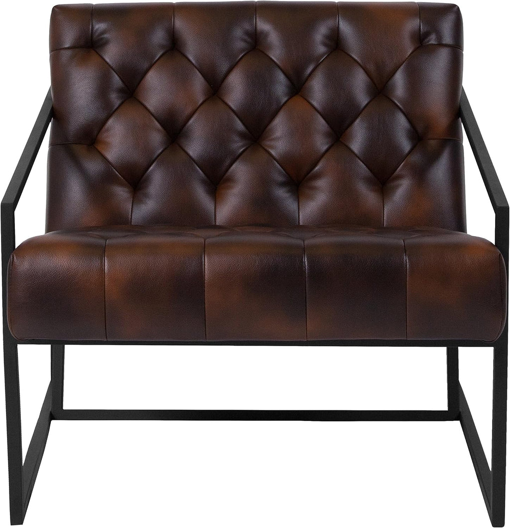 Flash Furniture Hercules Madison Series Bomber Jacket LeatherSoft Tufted Lounge Chair, Tufted Retro Accent Chair for Living Room or Office, Brown/Black