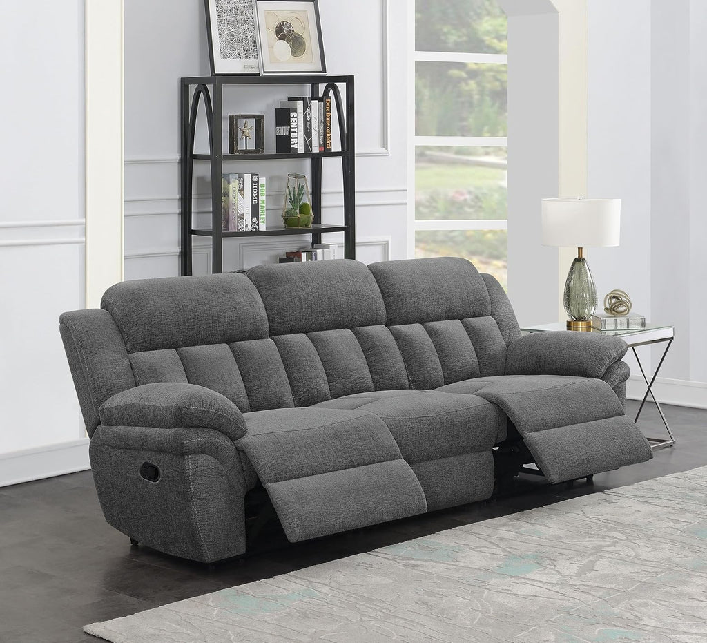 Coaster Home Furnishings - Bahrain - Upholstered Reclining Sofa with Dual Recliners, Pillowtop Arms, Tufting Accents and Transitional Style - Living Room - 99-Inch - Charcoal - 609541