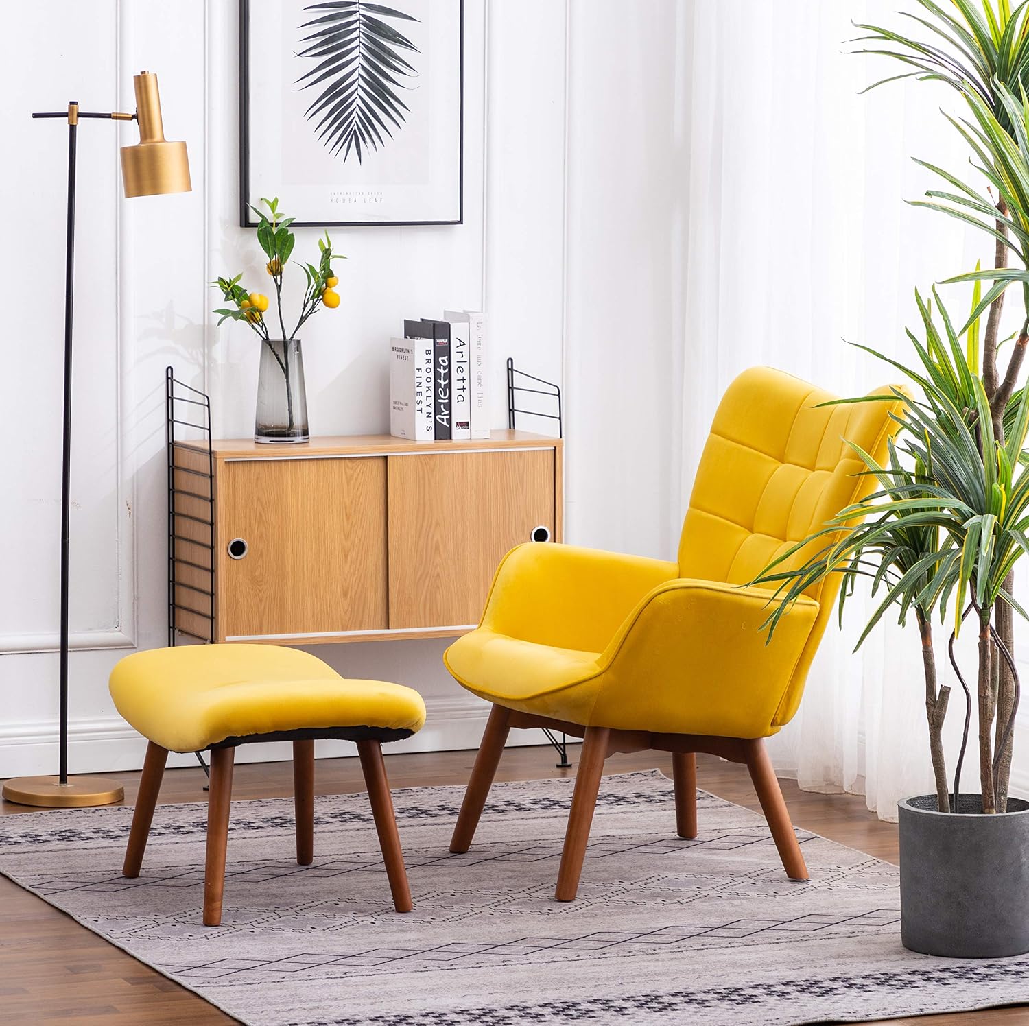 Roundhill Furniture Leiria Contemporary Silky Velvet Tufted Accent Chair with Ottoman, Yellow