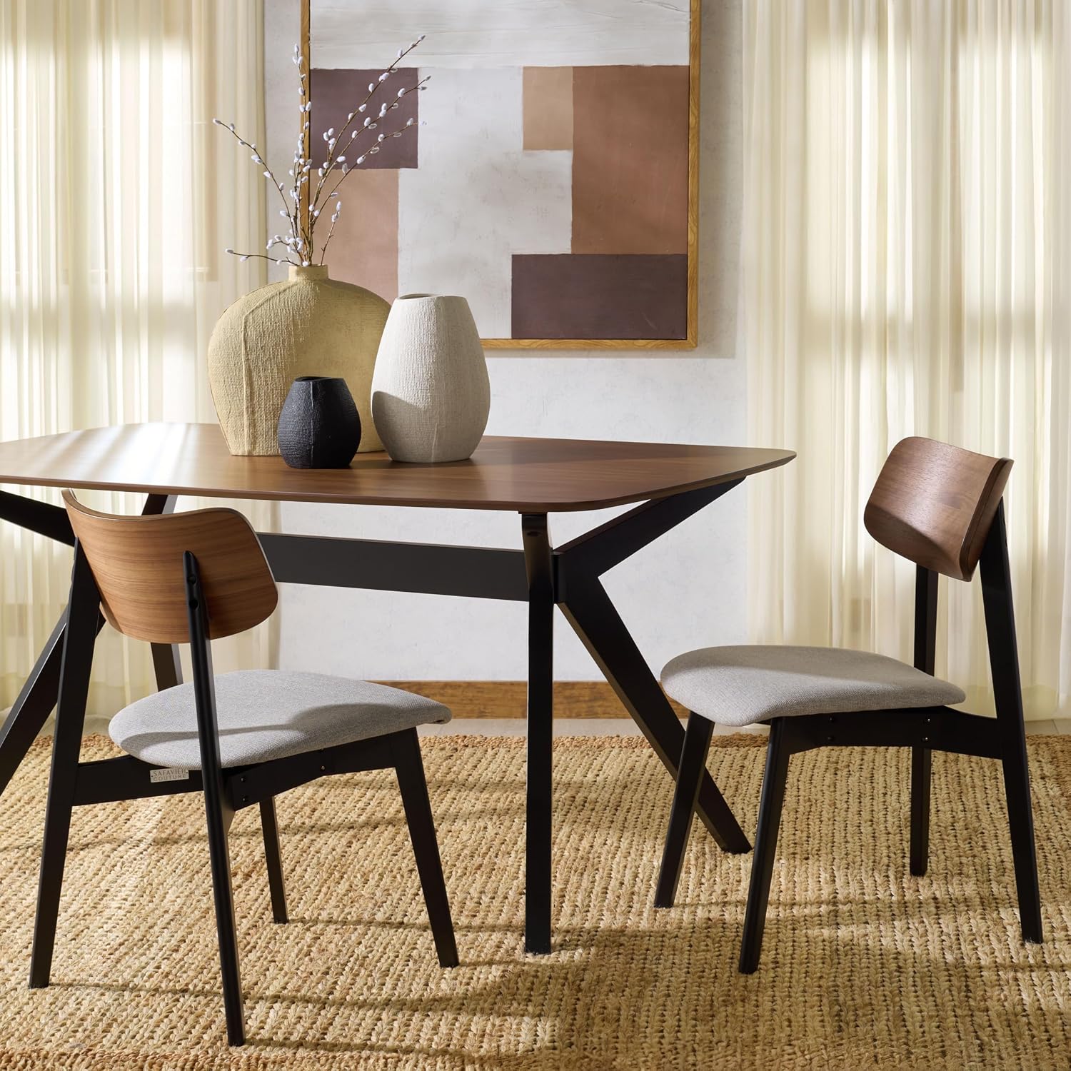 SAFAVIEH Couture Collection - Divya Walnut & Light Grey Dining Chair Set of 2, Mid-Century Modern Wood & Linen Upholstered Accent Chairs (SFV6710A-SET2)