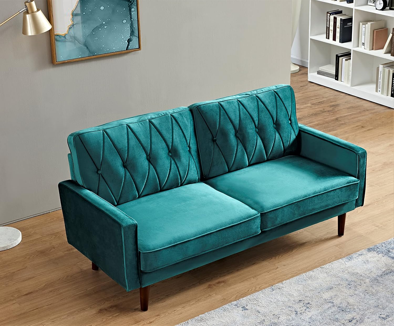 Container Furniture Modern Style Tufted Velvet Couches for Living Room with Soft Fabric Upholstery and Solid Wood Frame, 2 Piece Sofa and Loveseat Set, Green