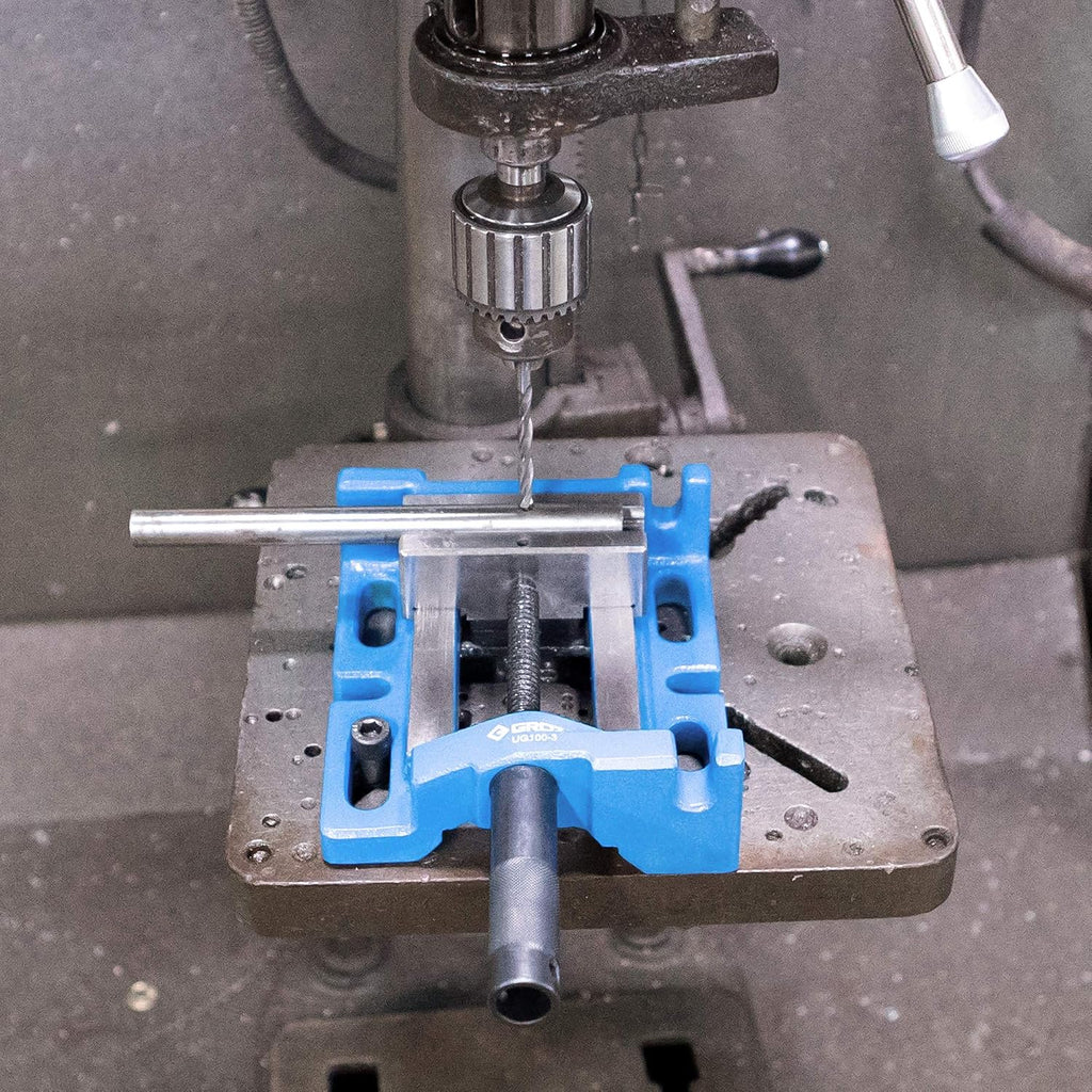 Groz Unigrip 4' 3-Way Drill Press Vise, 100mm Jaw, 3-1/2' Opening, Cast Iron with Precision-Ground Base, Side and End Faces, 4-Prism Fixed Jaw for Round Stock (35125)