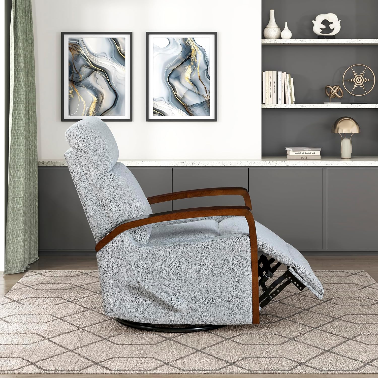 Lexicon 360 Degree Swivel Glider Reclining Chair, Soft Boucle Manual Recliner, Comfy Nursery Glider Recliner, Wood Arms, Pull Handle for Living Room/Office/Bedroom/Apartment, Gray