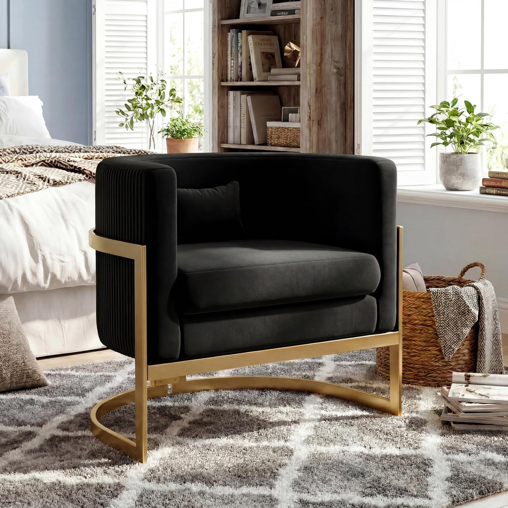 Velvet Accent Chair Black Modern Barrel Chair with Gold Legs Upholstered Armchair for Bedroom Living Room Sofa Chair Club Side Chairs