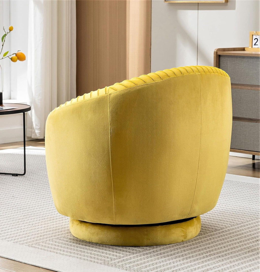 Container Furniture Direct Modern Barrel Swivel Chair with Plush Velvet Upholstery and Smooth 360° Rotation, Round Accent One-Seater Sofa for Living Room, Bedroom, and Office, Yellow