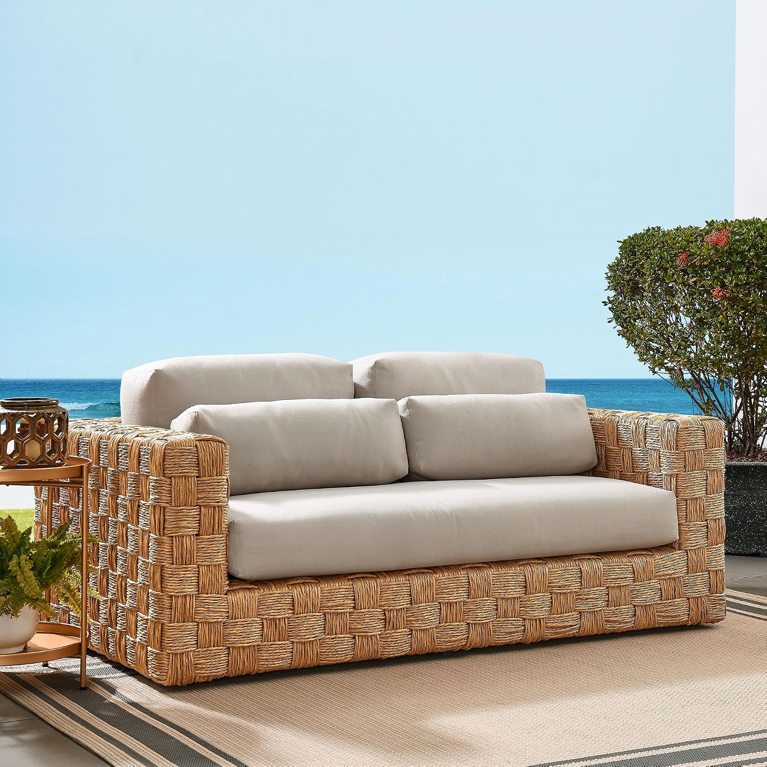 Modway Thames Wicker Rattan Outdoor Loveseat in Natural Light Gray - UV-Resistant Patio Furniture 2-Seater Basket-Weave Sofa Couch - Deep Seat Patio Cushions with 2 Throw Pillows for Backyard, Deck