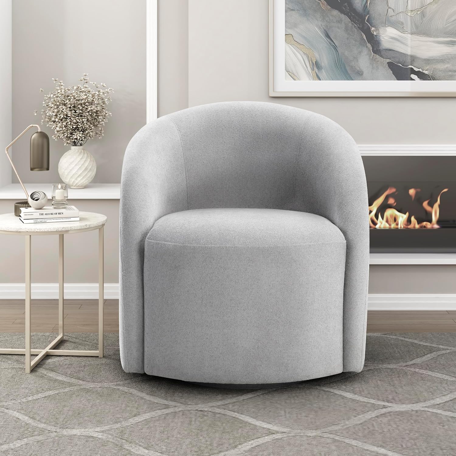Lexicon 360 Degree Swivel Accent Chair, Boucle Fabric Arm Chair with Metal Swivel Base and Sloped Arms for Living Room/Bedroom/Office, Light Gray