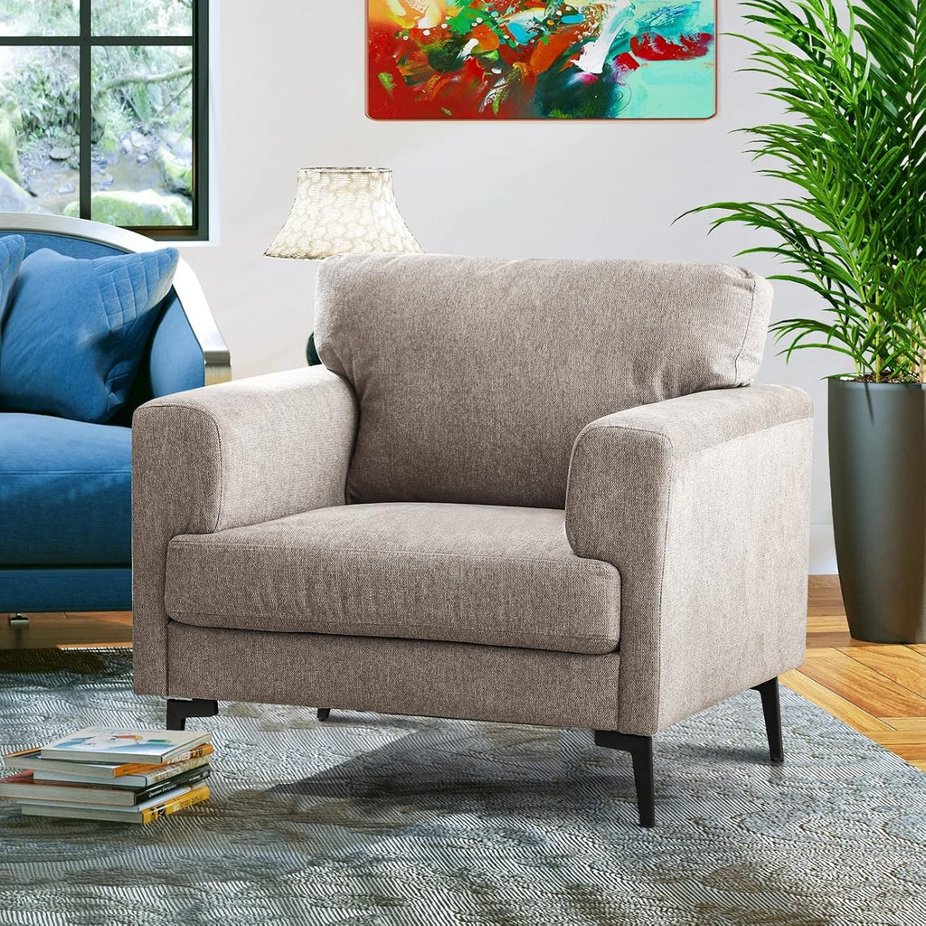 CDCASA Accent Chair, Linen Fabric Oversized Mid Century Modern Chair Set of 1, Comfy Upholstered Armchair Reading Accent Chairs Sofa Chairs for Bedroom Living Room, Light Brown