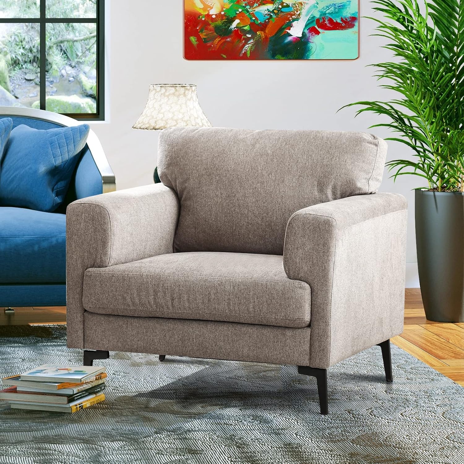 CDCASA Accent Chair, Linen Fabric Oversized Mid Century Modern Chair Set of 1, Comfy Upholstered Armchair Reading Accent Chairs Sofa Chairs for Bedroom Living Room, Light Brown