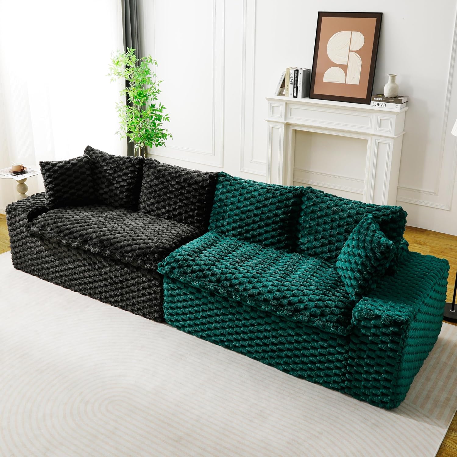 KEIKI 120' Modular Boneless Couch Full Chaise for Bedroom, 4-Seater Sectional Couches for Living Room Furniture, Deep Seat Fluffy Soft Sofa Bed for Studio Apartment Room Pet Friendly, Black Green