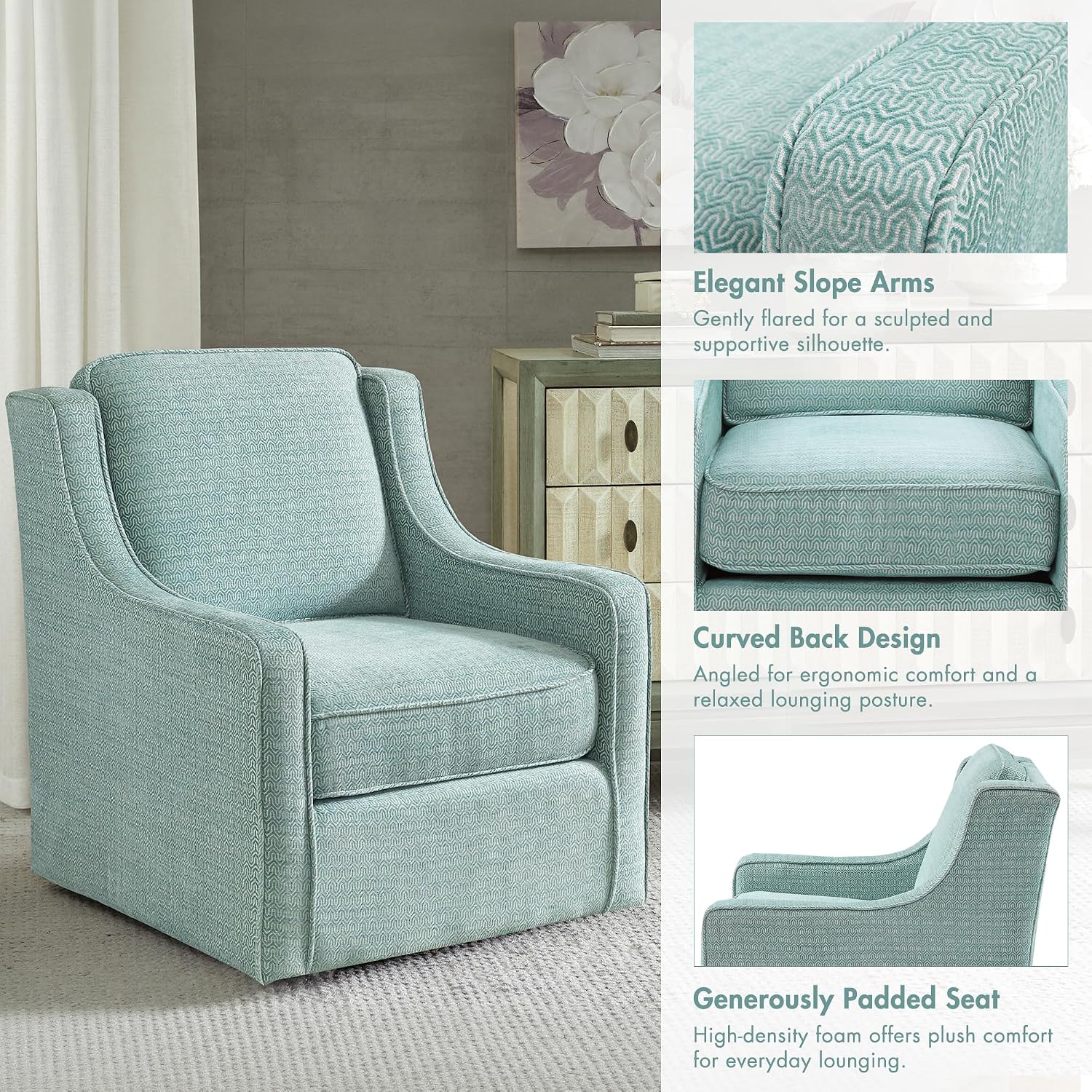 Madison Park Harris Swivel Chair - Solid Wood, Plywood, Metal Base Accent Armchair Modern Classic Style Family Room Sofa Furniture, 28.5' Wide, Dusty Aqua