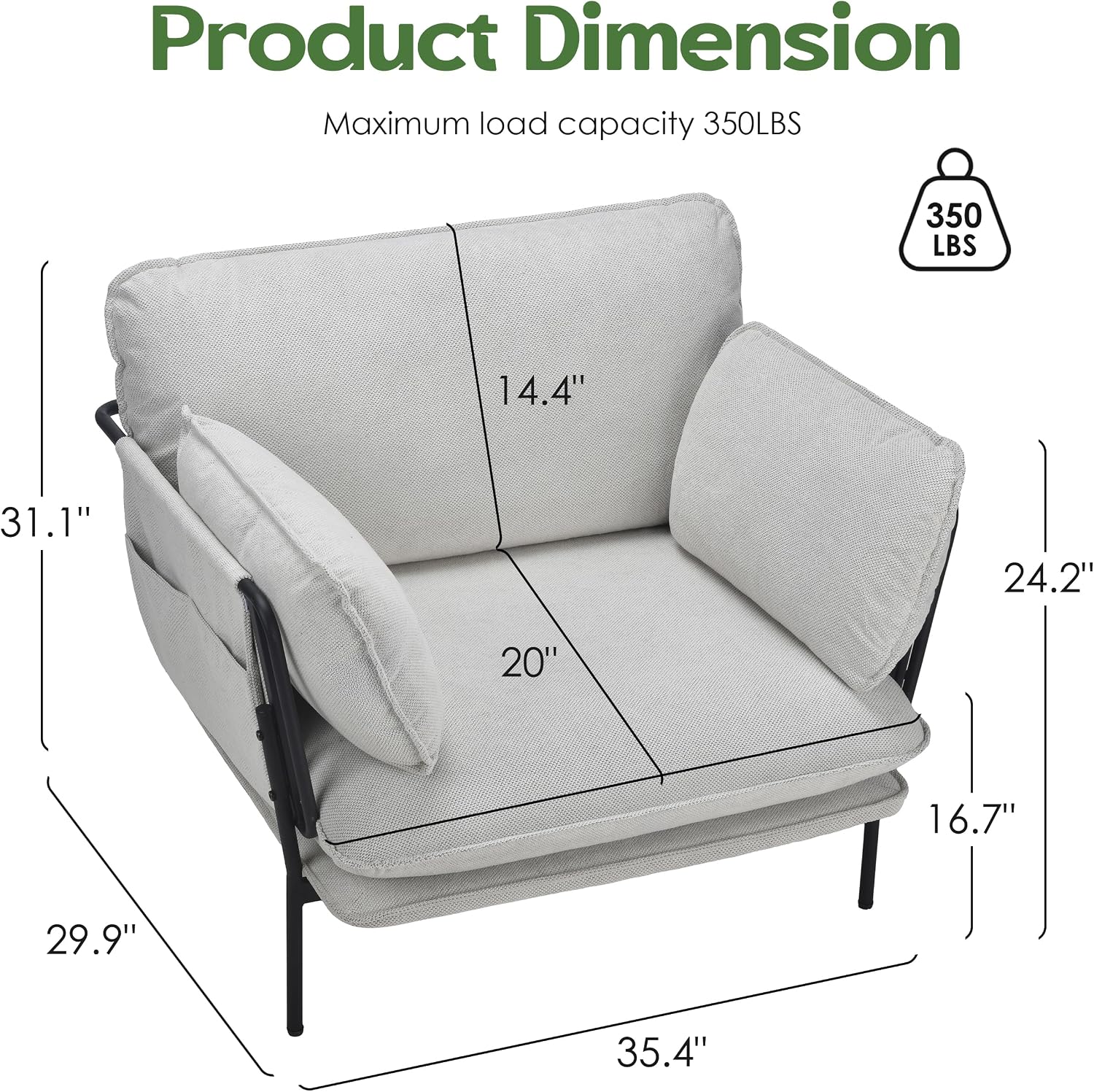 Modern Accent Chairs Set of 2, Oversized Living Room Chairs, Reading Chair with Solid Metal Legs, Fabric Armchair with Side Pockets and 2 Pillows, Accent Chairs for Bedroom, Nursery, White