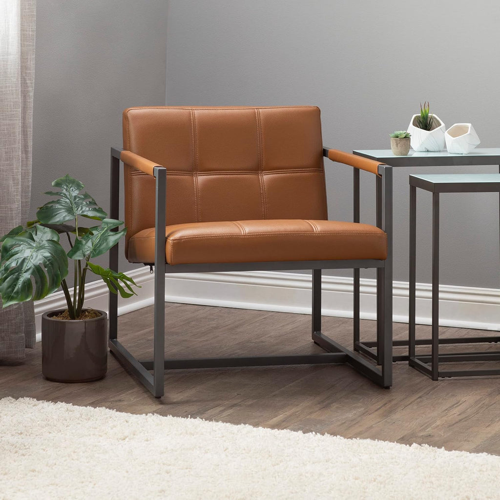 Studio Designs Home Modern Accent Chair Camber Mid-Century, Pewter Grey Metal Frame & Caramel Brown Leather