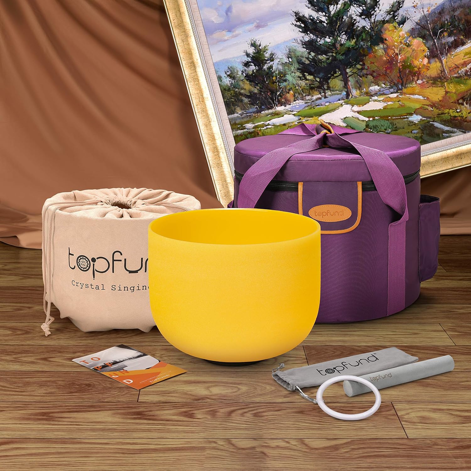 TOPFUND 528 Hz Yellow Solfeggio Crystal Singing Bowl 8 inch with Heavy Duty Carrying Case and Suede Mallet