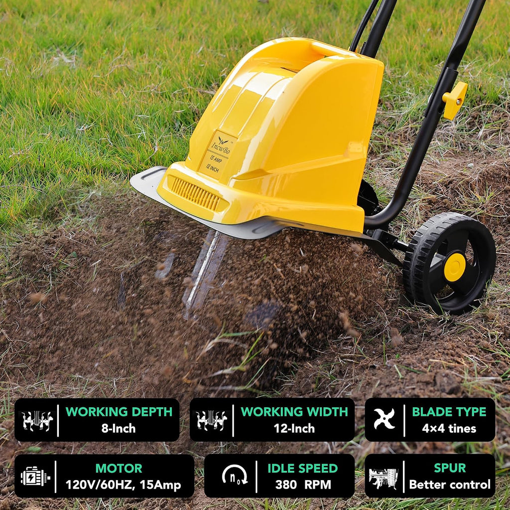 IncwBo Electric Tiller/Cultivator 4 Steel Tines, Garden Roto Tillers for Gardening, 15Amp 12 Inch Corded Rototiller with Adjustable Wheels