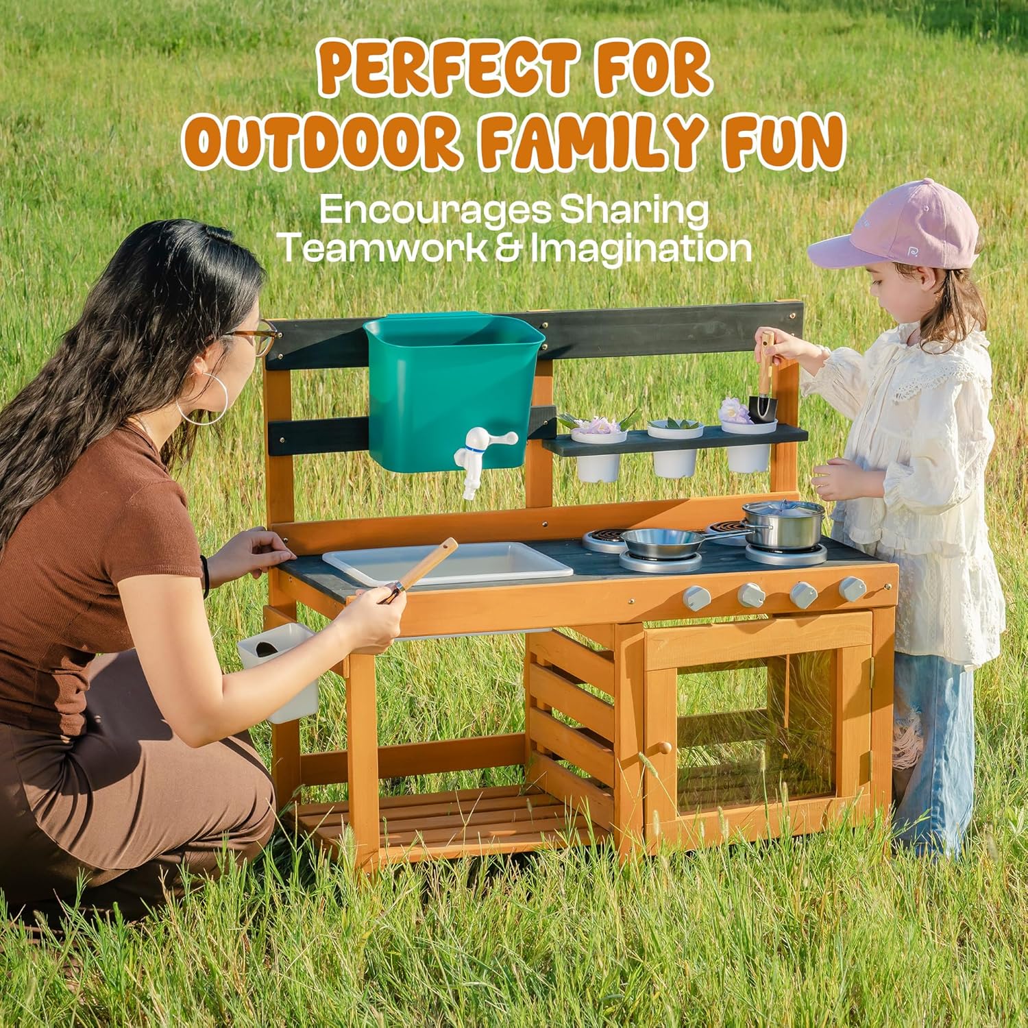 ROBOTIME Mud Kitchen for Kids Outdoor - Wooden Outdoor Play Kitchen Set with Real Water Play, Cooking Pots & Gardening Tools - Sensory Toy Kitchen for Pretend Play Ages 3+