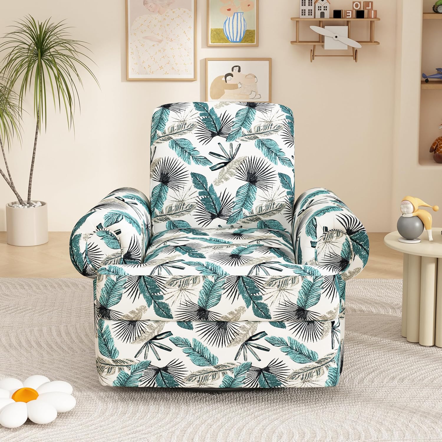 Christopher Knight Home Besty Chenille Upholstered Swivel Recliner Chair, Wooden Swivel Accent Chair with Adjustable Backrest, Super Comfort Rocker Recliner Sofa for Living Room/Bedroom, Green+White