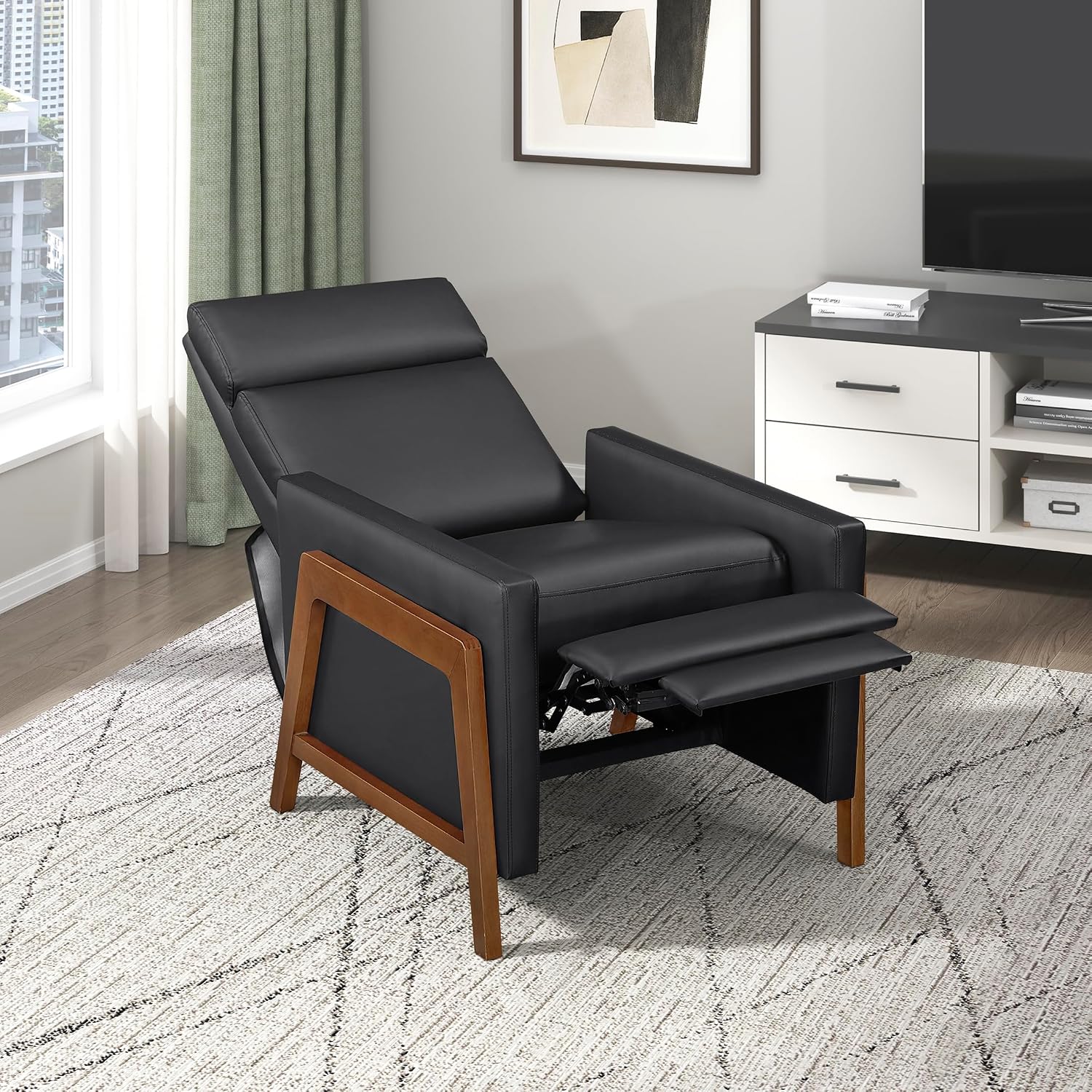 Lexicon Push Back Recliner Chair, Faux Leather Upholstered Reclining Chair with Footrest, Exposed Dark Brown Finish Wood Frame, Small Recliner for Small Space, Living Room, Bedroom, Black