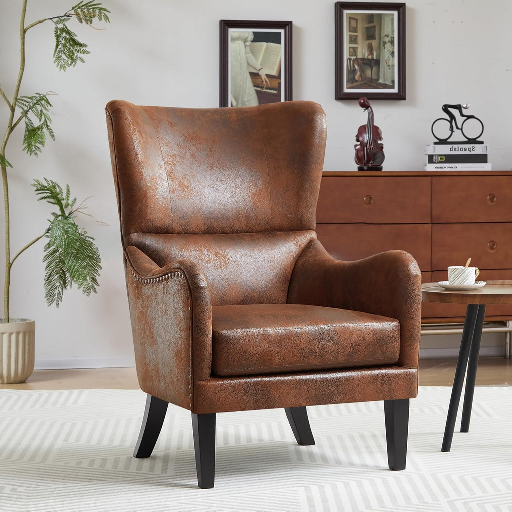 Mid-Century Modern Accent Chairs, 27' Wide Wingback Club Chair with Nailhead Trim, Fabric Reading Living Room Side Chair, Faux Leather Armchair Sofa