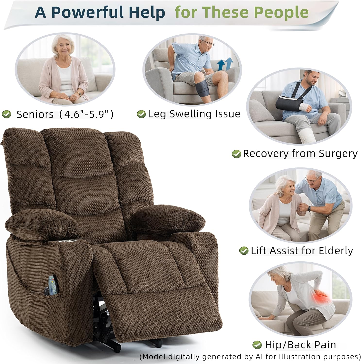 Power Lift Recliner Chair for Elderly, Overstuffed Back Lift Chair with Massage/Heat, Power Recliner Lay Flat 160° Cup Holders for Living Room（Brown）