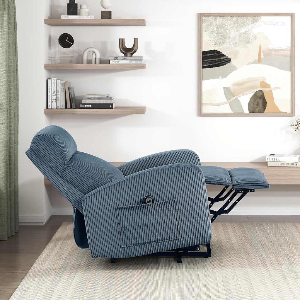 Lexicon Power Lift Recliner Chair for Elderly with Remote Control, Gentle Lift Motion, Side Pocket Armrest, Corduroy Upholstered Electric Recliner for Living Room/Bedroom, Easy Assembly, Midnight Blue