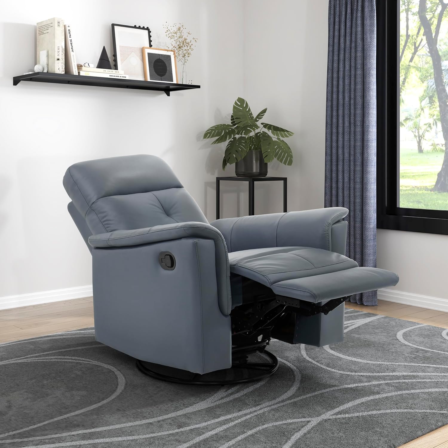 Lexicon Swivel Glider Recliner Chair, Comfy Nursery Glider, Top Grain Leather Match Recliner, Manual Reclining Chair for Living Room/Office/Apartment, Blue Gray
