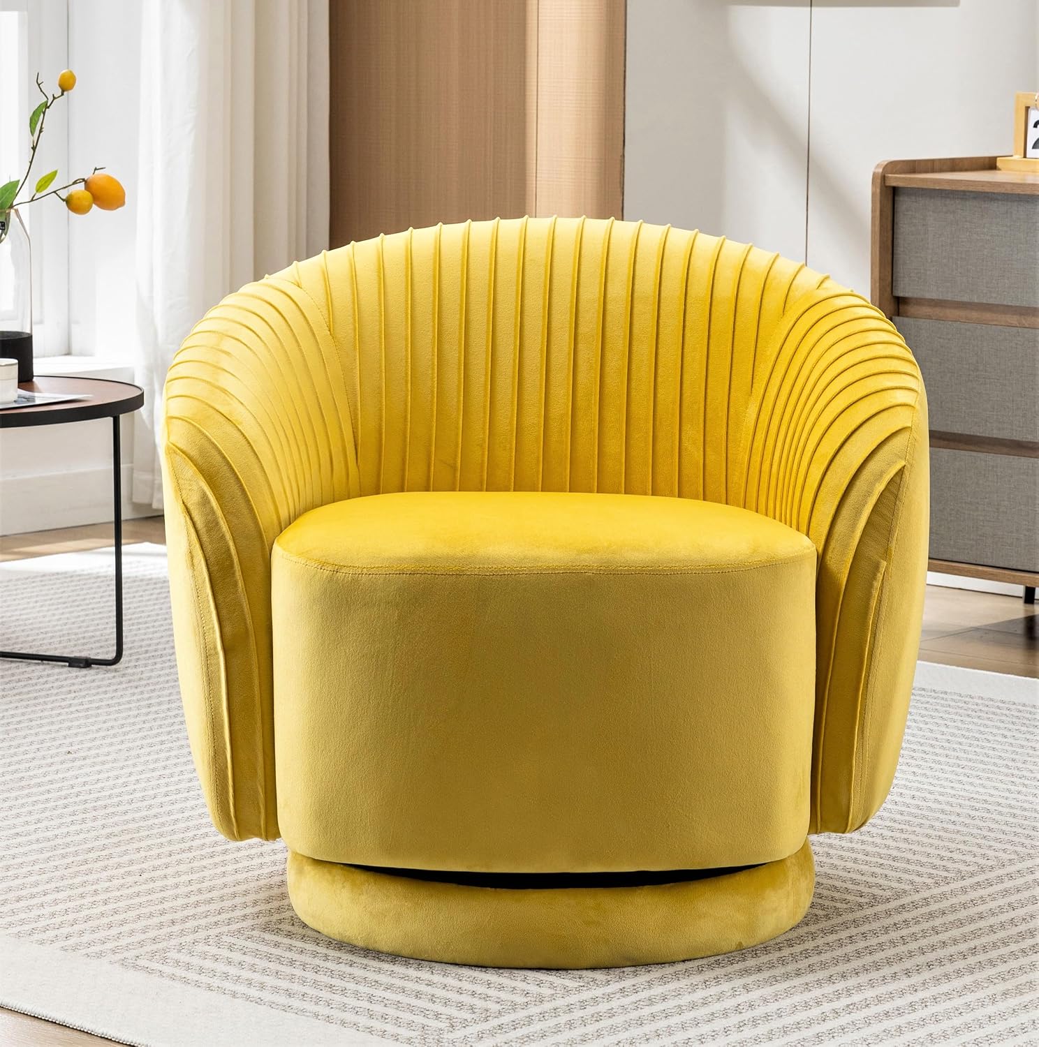 Container Furniture Direct Modern Barrel Swivel Chair with Plush Velvet Upholstery and Smooth 360° Rotation, Round Accent One-Seater Sofa for Living Room, Bedroom, and Office, Yellow