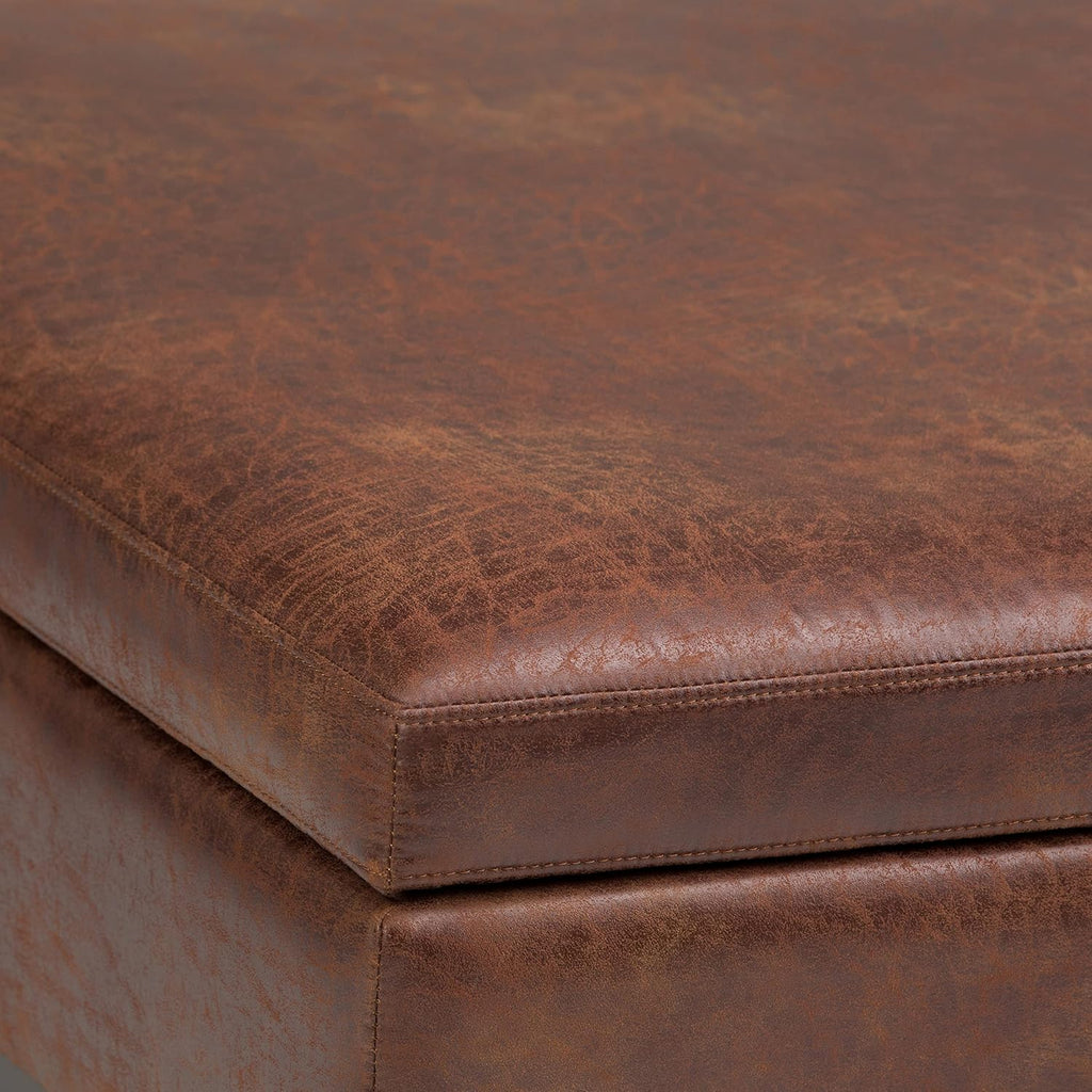 SIMPLIHOME Owen Square Coffee Table Storage Ottoman - 36 inch Wide Upholstered Vegan Leather Lift-Top Ottoman in Distressed Saddle Brown, Mid-Century Modern Ottoman for Living Room with Tufted Detail