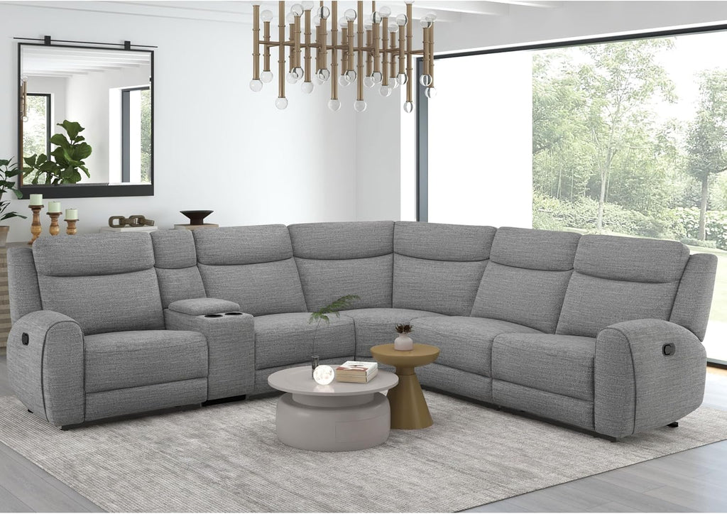 Furniture of America Cayvric Modern Reclining Sofa with Storage Console and Cup Holders, Sectional Recliner, L Shaped Couch for Living Room, Home Theater, Playroom, Grey