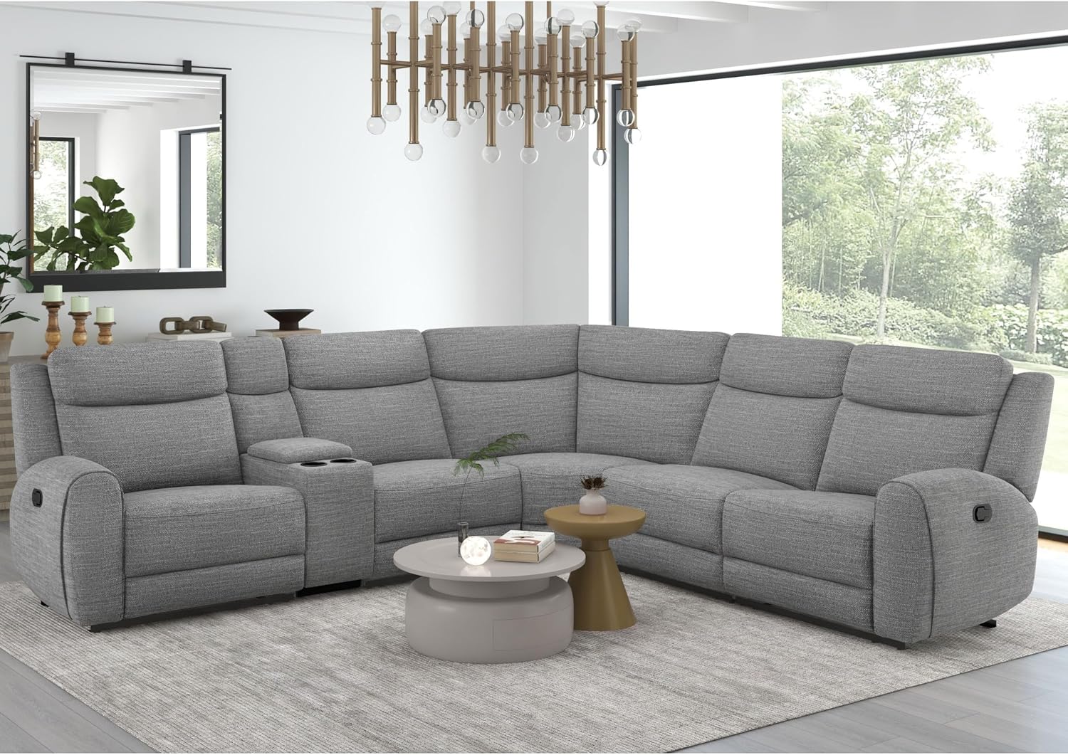 Furniture of America Cayvric Modern Reclining Sofa with Storage Console and Cup Holders, Sectional Recliner, L Shaped Couch for Living Room, Home Theater, Playroom, Grey