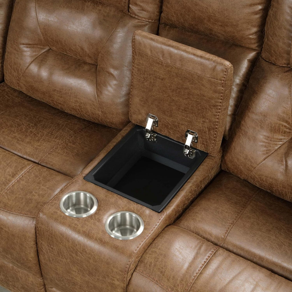 Furniture of America Undering Modern Faux Leather 2-Piece Sectional and Recliner Set with Storage Console, Stainless Steel Cup Holders, Pillow Top Arms for Living Room, Home Theatre, Brown