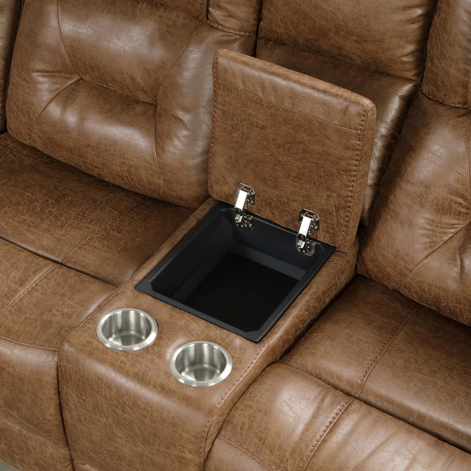 Furniture of America Undering Modern Faux Leather 2-Piece Sectional and Recliner Set with Storage Console, Stainless Steel Cup Holders, Pillow Top Arms for Living Room, Home Theatre, Brown