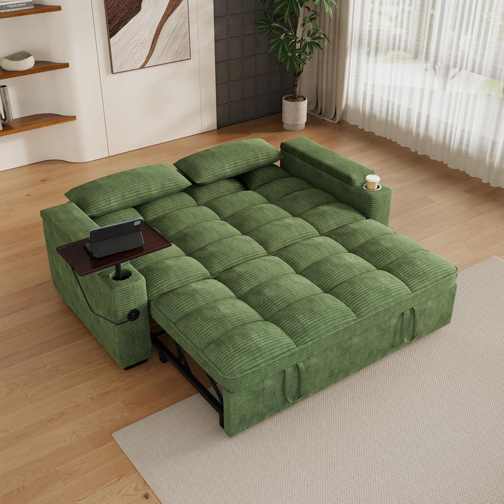 KEIKI 65' 3-in-1 Convertible Sofa Bed, Pull-Out Sleeper Couch with Adjustable Backrest, Corduroy Futon Loveseat with USB Charging Ports & Storage Arms for Guest Rooms, Studios & Small Space Living
