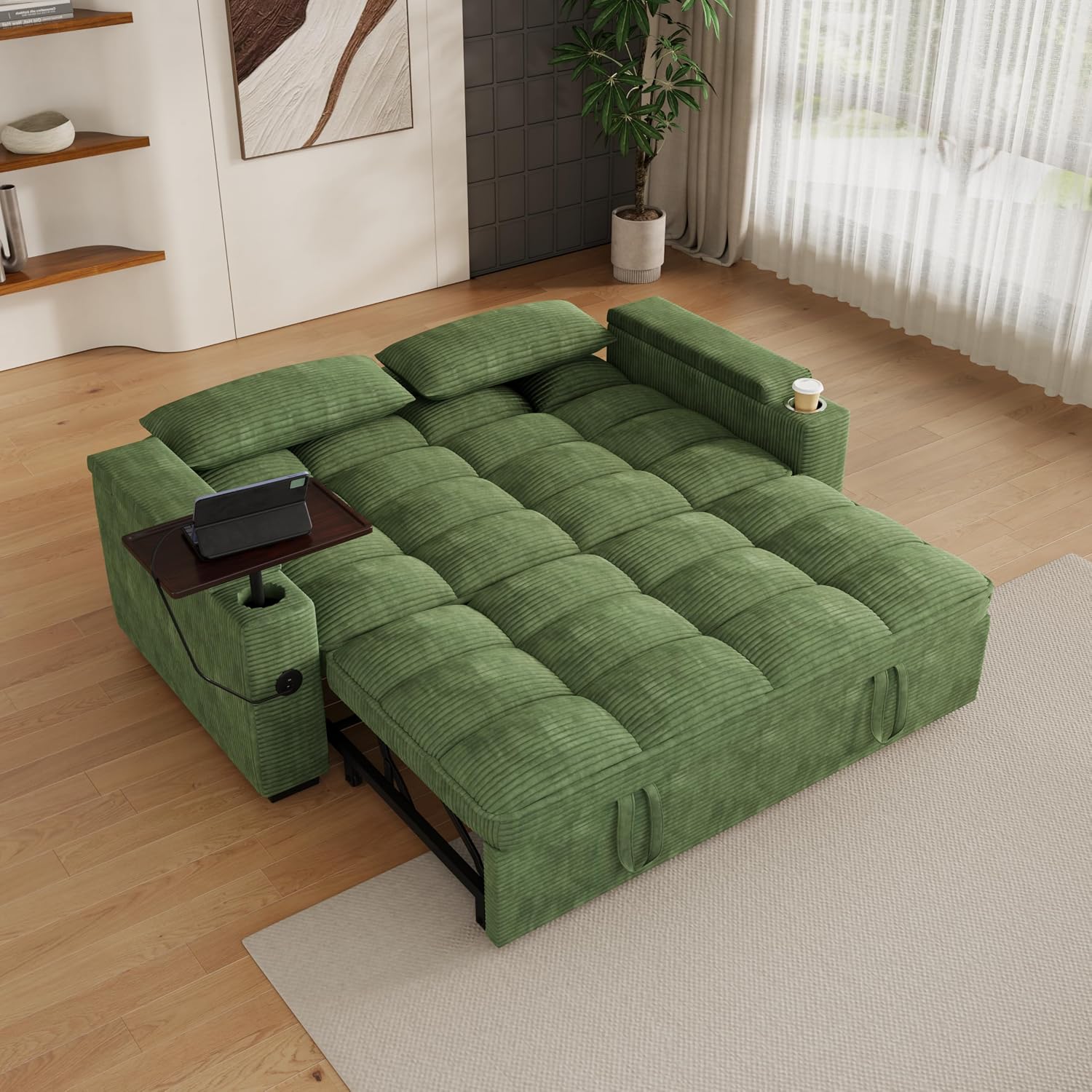 KEIKI 65' 3-in-1 Convertible Sofa Bed, Pull-Out Sleeper Couch with Adjustable Backrest, Corduroy Futon Loveseat with USB Charging Ports & Storage Arms for Guest Rooms, Studios & Small Space Living