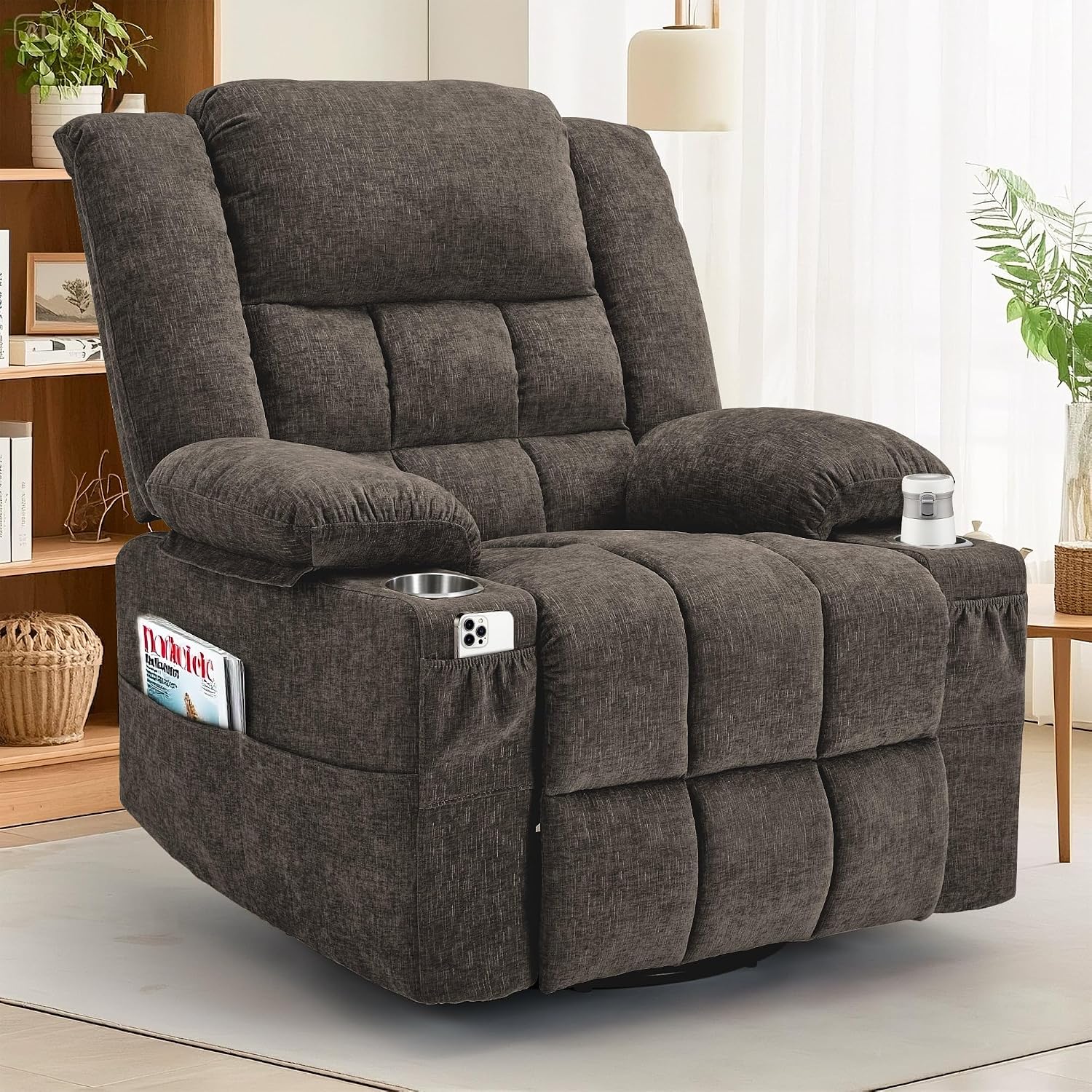 Korser Swivel Rocker Recliner, Nursery Glider Recliners for Adults with Massage & Heat, Rocking Chair with Cup Holder, Manual Recliner Chairs for Living Room, Bedroom (Brown)