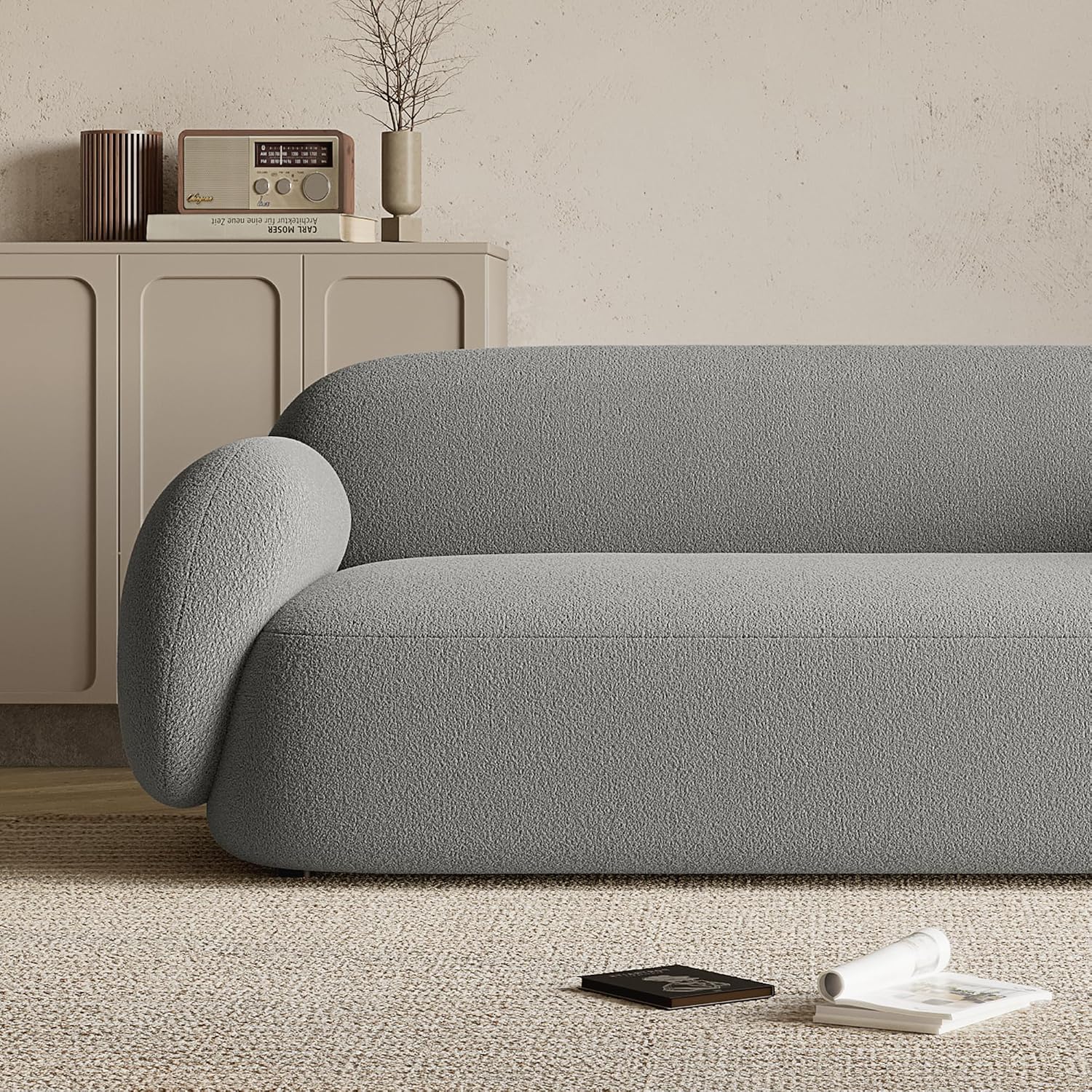 Acanva Modern Minimalist Sofa for Living Room Lounge Home Office, Rounded Edges Couch with Soft Boucle Upholstered, 74'W, Grey