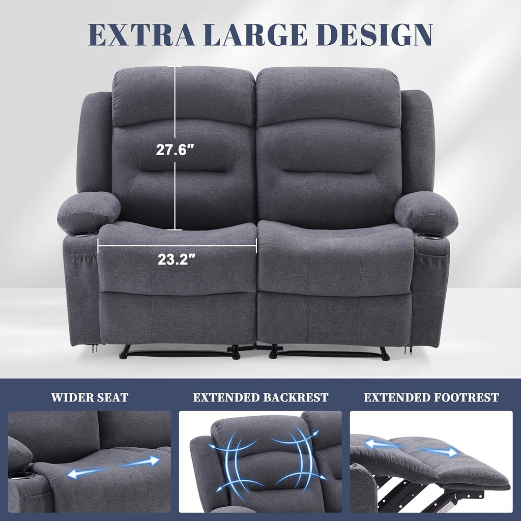 Weture Oversized Recliner Loveseat with Heat and Massage, Wall-Hugger Reclining Sofa with Cup Holders and USB Port, Big Large 2-Seater Double RV Recliner Loveseat for Living Room (Fabric, Grey)