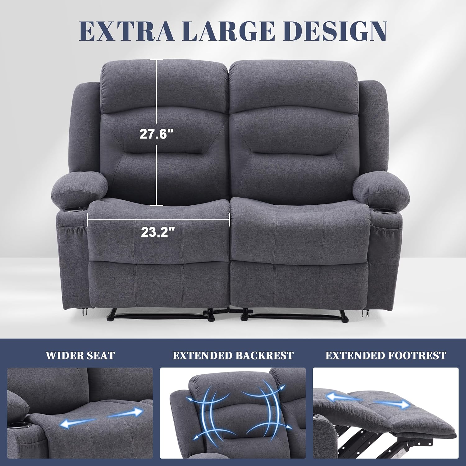 Weture Oversized Recliner Loveseat with Heat and Massage, Wall-Hugger Reclining Sofa with Cup Holders and USB Port, Big Large 2-Seater Double RV Recliner Loveseat for Living Room (Fabric, Grey)