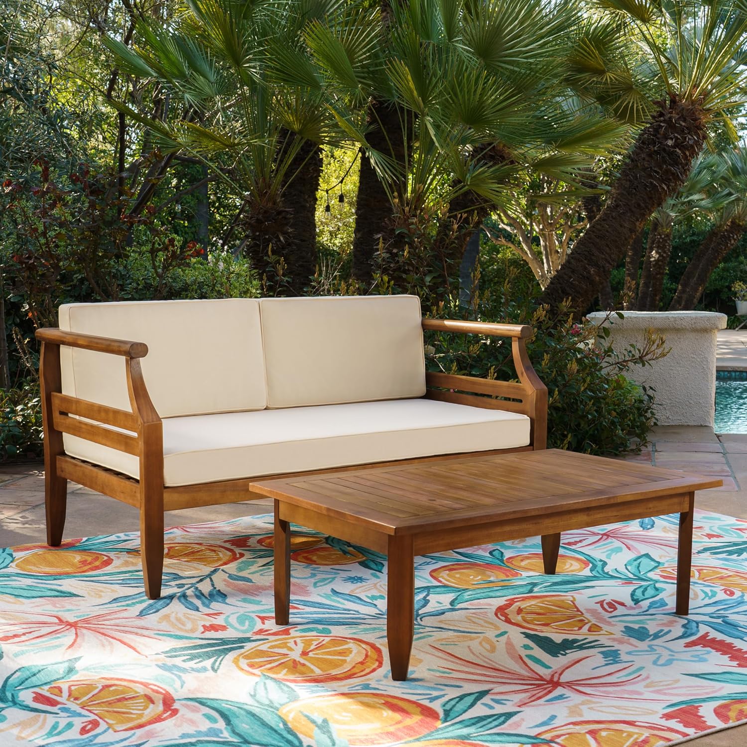 Linon Harbor Oiled Acacia Wood Two Piece Outdoor Set with Revmoable Cream Cushions Includes Loveseat and Coffee Table