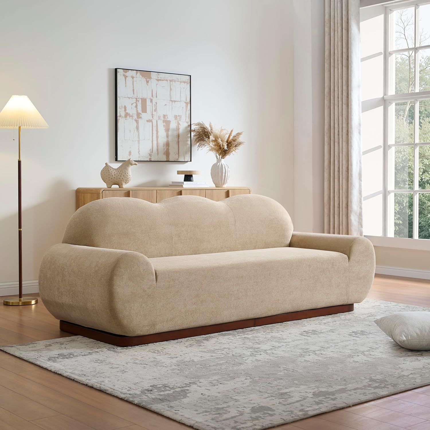 Christopher Knight Home Zera 88' Comfy Velvet Upholstered Cloud Couch, 3-Seater Sofa Couches, Low Profile Home Sofa Living Room with Round Arm, Sturdy Wooden Frame Lounge Chair Indoor, Camel Brown