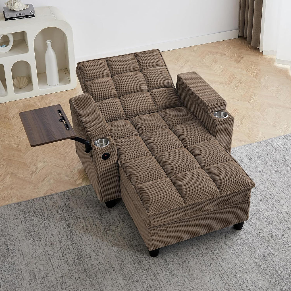 Eafurn 6-Position Adjustable Convertible Chaise Lounge Sleeper Chair with Storage, Modern Recliner Armchair with Swivel Tray Table & USB Port, Multi-Functional Tufted Accent Chair for Small Space