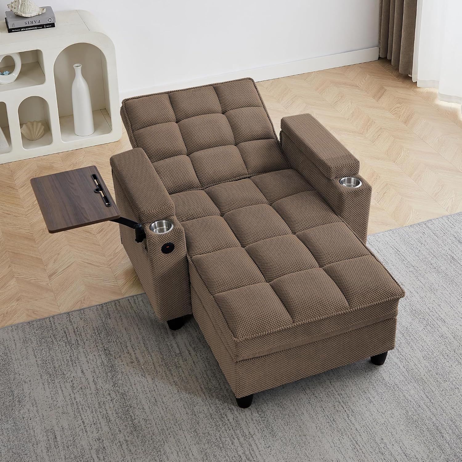 Eafurn 6-Position Adjustable Convertible Chaise Lounge Sleeper Chair with Storage, Modern Recliner Armchair with Swivel Tray Table & USB Port, Multi-Functional Tufted Accent Chair for Small Space