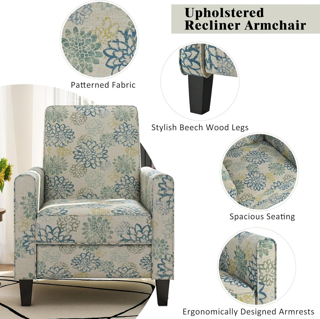 Christopher Knight Home Kenley Modern Fabric Upholstered Push Back Recliner Chair, Wooden Gliding Home Theater Seating, Comfy Reading Chair, Deep Seating Single Sofa Accent Chair, Mixed Blue