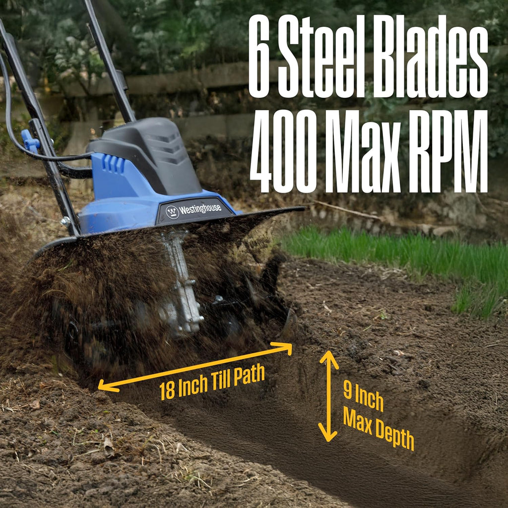 Westinghouse 18-Inch, 15 Amp Corded Electric Tiller Cultivator for Gardening with 6 Steel Blades