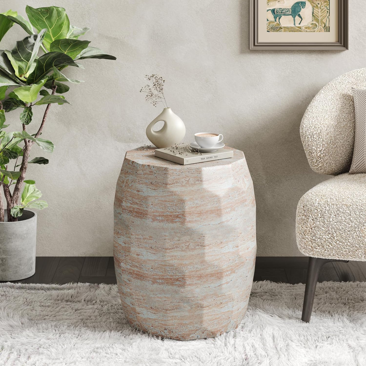 Christopher Knight Home Jaym 18.25' H Indoor Outdoor Accent Side Table, Patio Decorative End Table, Polygon Lightweight Concrete Garden Stool for Patio Balcony & Garden Decor, Travertine